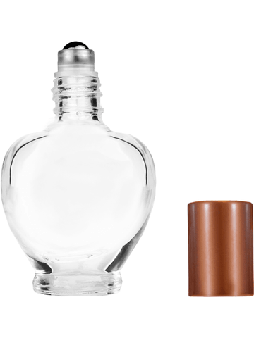 Queen design 10ml, 1/3oz Clear glass bottle with metal roller ball plug and matte copper cap.