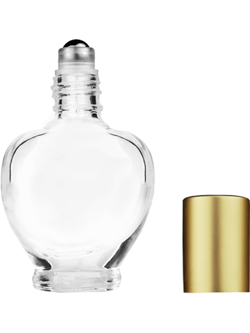 Queen design 10ml, 1/3oz Clear glass bottle with metal roller ball plug and matte gold cap.