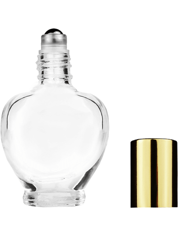Queen design 10ml, 1/3oz Clear glass bottle with metal roller ball plug and shiny gold cap.