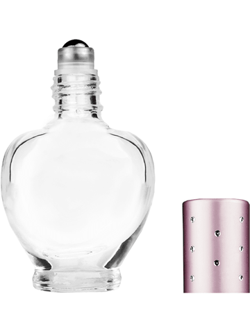 Queen design 10ml, 1/3oz Clear glass bottle with metal roller ball plug and pink cap with dots.