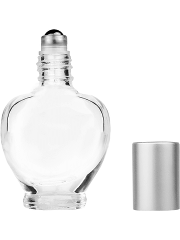 Queen design 10ml, 1/3oz Clear glass bottle with metal roller ball plug and matte silver cap.