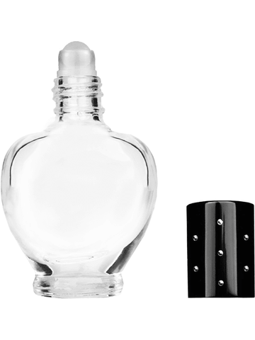 Queen design 10ml, 1/3oz Clear glass bottle with plastic roller ball plug and black shiny cap with dots.
