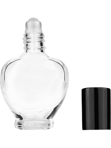 Queen design 10ml, 1/3oz Clear glass bottle with plastic roller ball plug and black shiny cap.