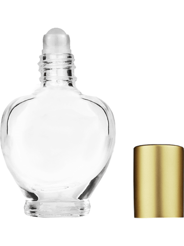 Queen design 10ml, 1/3oz Clear glass bottle with plastic roller ball plug and matte gold cap.