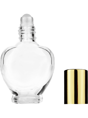 Queen design 10ml, 1/3oz Clear glass bottle with plastic roller ball plug and shiny gold cap.
