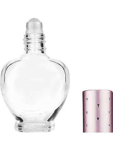 Queen design 10ml, 1/3oz Clear glass bottle with plastic roller ball plug and pink cap with dots.