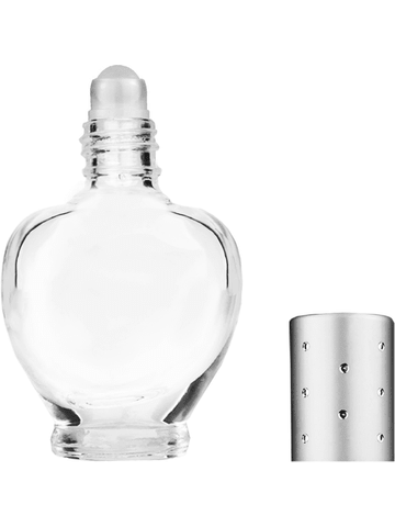 Queen design 10ml, 1/3oz Clear glass bottle with plastic roller ball plug and silver cap with dots.