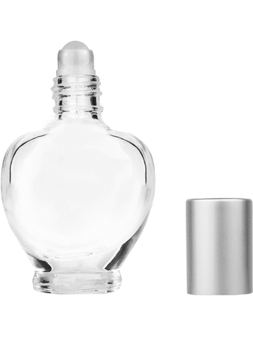 Queen design 10ml, 1/3oz Clear glass bottle with plastic roller ball plug and matte silver cap.