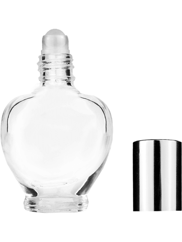 Queen design 10ml, 1/3oz Clear glass bottle with plastic roller ball plug and shiny silver cap.