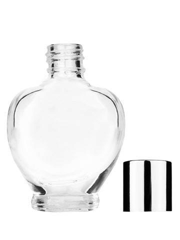 Empty Clear glass bottle with short shiny silver cap capacity: 10ml, 1/3oz. For use with perfume or fragrance oil, essential oils, aromatic oils and aromatherapy.