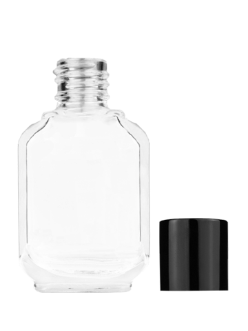 Empty Clear glass bottle with short shiny black cap capacity: 10ml, 1/3oz. For use with perfume or fragrance oil, essential oils, aromatic oils and aromatherapy.