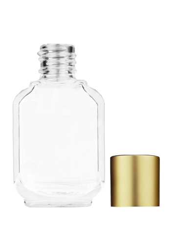 Empty Clear glass bottle with short matte gold cap capacity: 10ml, 1/3oz. For use with perfume or fragrance oil, essential oils, aromatic oils and aromatherapy.