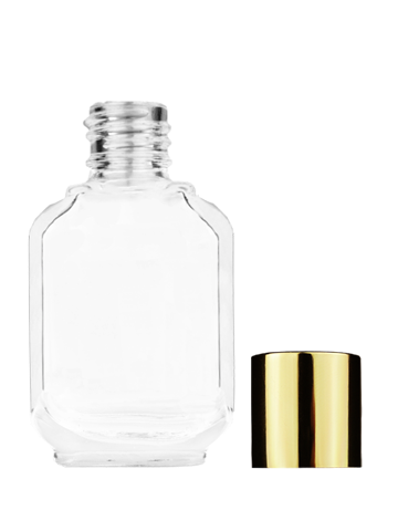 Empty Clear glass bottle with short shiny gold cap capacity: 10ml, 1/3oz. For use with perfume or fragrance oil, essential oils, aromatic oils and aromatherapy.