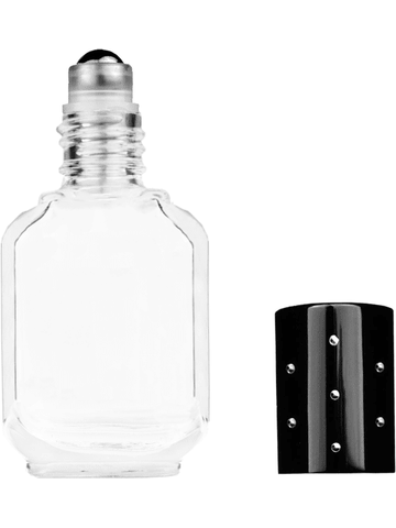 Footed rectangular design 10ml, 1/3oz Clear glass bottle with metal roller ball plug and black shiny cap with dots.