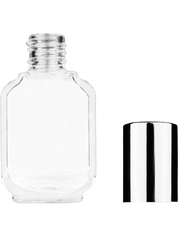 Footed rectangular design 10ml, 1/3oz Clear glass bottle with shiny silver cap.