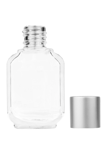 Empty Clear glass bottle with short matte silver cap capacity: 10ml, 1/3oz. For use with perfume or fragrance oil, essential oils, aromatic oils and aromatherapy.