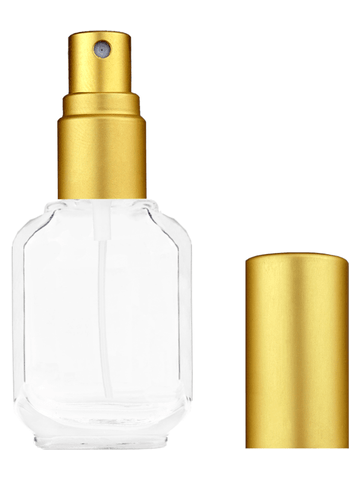 Footed rectangular design 10ml, 1/3oz Clear glass bottle with matte gold spray.
