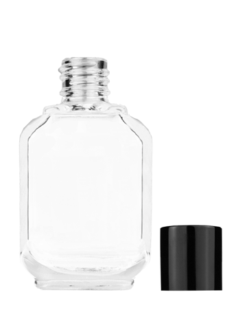 Empty Clear glass bottle with short shiny black cap capacity: 15ml, 1/2oz. For use with perfume or fragrance oil, essential oils, aromatic oils and aromatherapy.