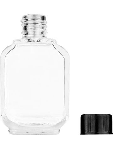 Footed rectangular design 15ml, 1/2oz Clear glass bottle with short black cap.