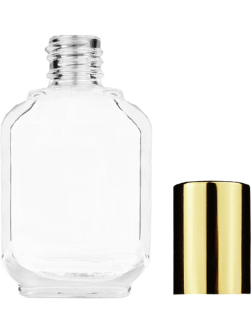 Footed rectangular design 15ml, 1/2oz Clear glass bottle with shiny gold cap.