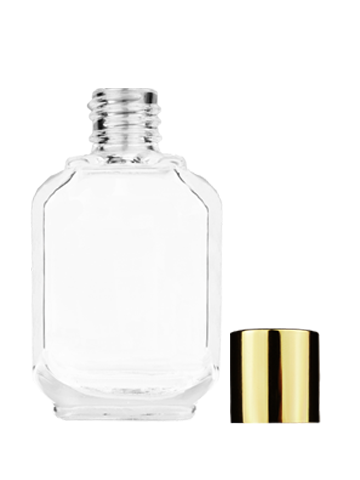 Empty Clear glass bottle with short shiny gold cap capacity: 15ml, 1/2oz. For use with perfume or fragrance oil, essential oils, aromatic oils and aromatherapy.