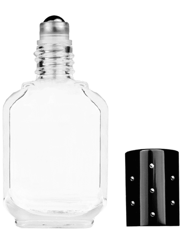 Footed rectangular design 15ml, 1/2oz Clear glass bottle with metal roller ball plug and black shiny cap with dots.