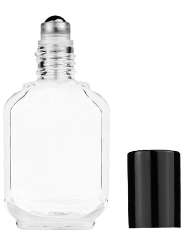 Footed rectangular design 15ml, 1/2oz Clear glass bottle with metal roller ball plug and black shiny cap.