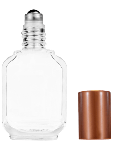 Footed rectangular design 15ml, 1/2oz Clear glass bottle with metal roller ball plug and matte copper cap.