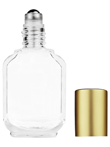 Footed rectangular design 15ml, 1/2oz Clear glass bottle with metal roller ball plug and matte gold cap.