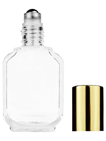 Footed rectangular design 15ml, 1/2oz Clear glass bottle with metal roller ball plug and shiny gold cap.
