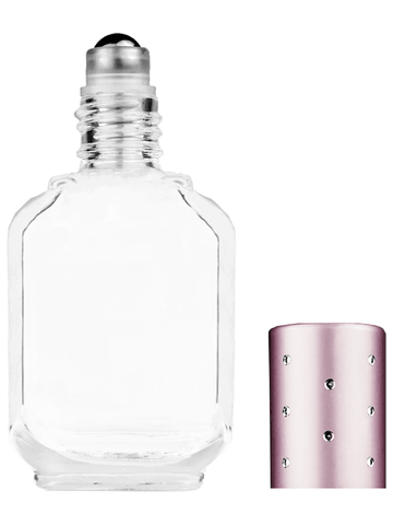 Footed rectangular design 15ml, 1/2oz Clear glass bottle with metal roller ball plug and pink cap with dots.