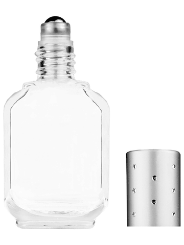 Footed rectangular design 15ml, 1/2oz Clear glass bottle with metal roller ball plug and silver cap with dots.