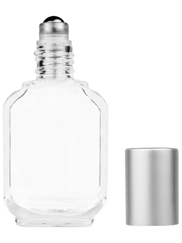 Footed rectangular design 15ml, 1/2oz Clear glass bottle with metal roller ball plug and matte silver cap.