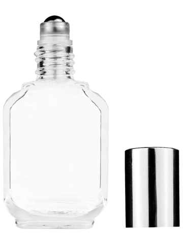 Footed rectangular design 15ml, 1/2oz Clear glass bottle with metal roller ball plug and shiny silver cap.