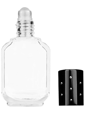 Footed rectangular design 15ml, 1/2oz Clear glass bottle with plastic roller ball plug and black shiny cap with dots.