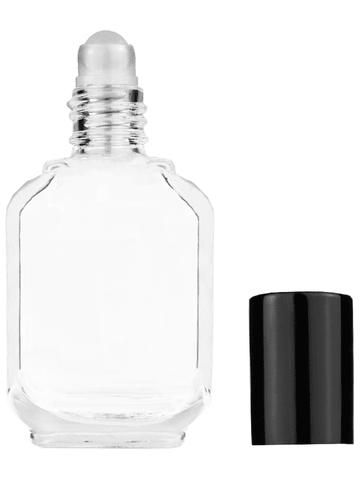 Footed rectangular design 15ml, 1/2oz Clear glass bottle with plastic roller ball plug and black shiny cap.
