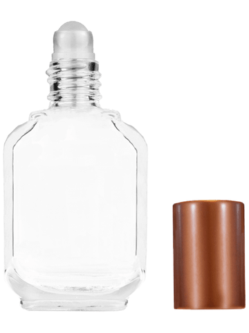 Footed rectangular design 15ml, 1/2oz Clear glass bottle with plastic roller ball plug and matte copper cap.