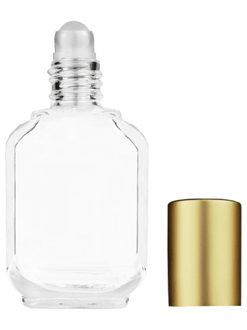 Footed rectangular design 15ml, 1/2oz Clear glass bottle with plastic roller ball plug and matte gold cap.