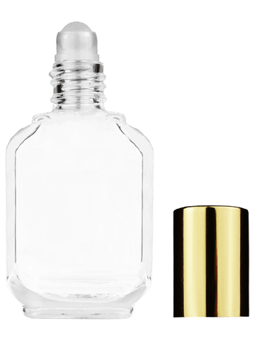 Footed rectangular design 15ml, 1/2oz Clear glass bottle with plastic roller ball plug and shiny gold cap.
