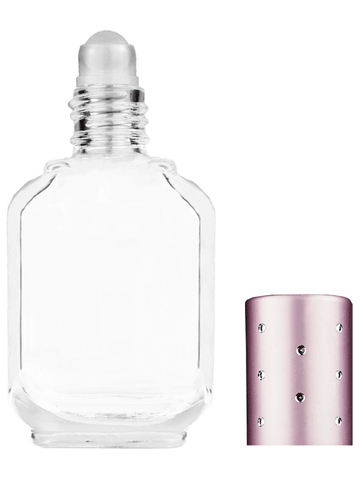 Footed rectangular design 15ml, 1/2oz Clear glass bottle with plastic roller ball plug and pink cap with dots.
