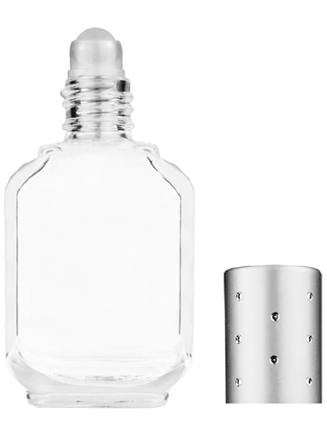 Footed rectangular design 15ml, 1/2oz Clear glass bottle with plastic roller ball plug and silver cap with dots.