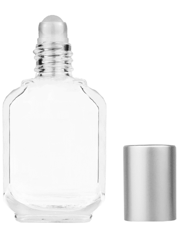 Footed rectangular design 15ml, 1/2oz Clear glass bottle with plastic roller ball plug and matte silver cap.