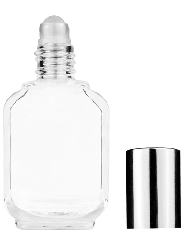 Footed rectangular design 15ml, 1/2oz Clear glass bottle with plastic roller ball plug and shiny silver cap.