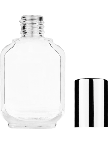 Footed rectangular design 15ml, 1/2oz Clear glass bottle with shiny silver cap.