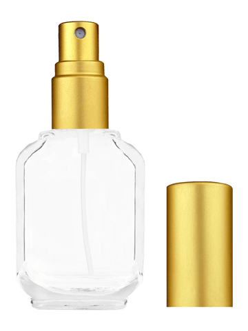 Footed rectangular design 15ml, 1/2oz Clear glass bottle with matte gold spray.