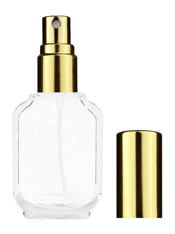 Footed rectangular design 15ml, 1/2oz Clear glass bottle with shiny gold spray.