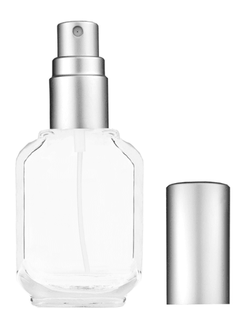 Footed rectangular design 15ml, 1/2oz Clear glass bottle with matte silver spray.