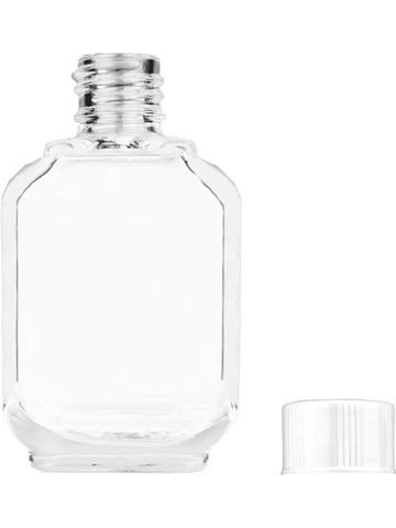 Footed rectangular design 15ml, 1/2oz Clear glass bottle with short white cap.