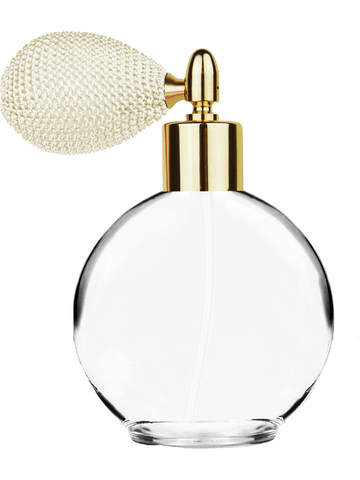 Round design 128 ml, 4.33oz  clear glass bottle  with ivory vintage style bulb sprayer with shiny gold collar cap.