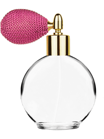***OUT OF STOCK***Round design 128 ml, 4.33oz  clear glass bottle  with pink vintage style bulb sprayer with shiny gold collar cap.